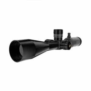 Black rifle scope with adjustable turrets and a large front lens