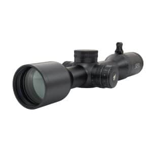 Black rifle scope with adjustable turrets and large front lens, viewed from the side-left.