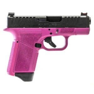 Pink semi-automatic pistol with a black slide and textured pink grip, shown in profile from the left side.