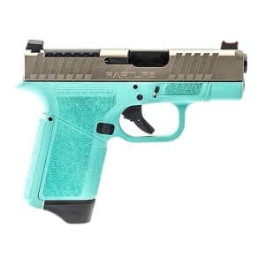 Turquoise toy pistol with a silver slide, shown against a white background (play firearm).