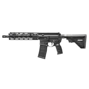 AR-15 style semi-automatic rifle with a long quad-rail handguard, detachable magazine, pistol grip, and adjustable stock