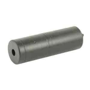 Cylindrical metal canister lying on its side on a pink background, with a circular end and central hole visible.
