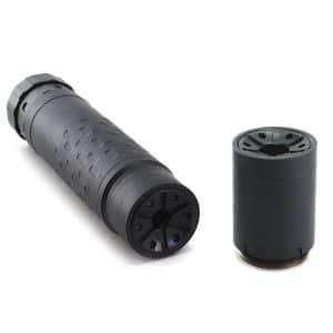 Two black cylindrical parts on a white background: a larger textured cylinder with a cap and a separate, smaller cap-like piece nearby. The pieces look like modular connectors or components of a mechanical device.