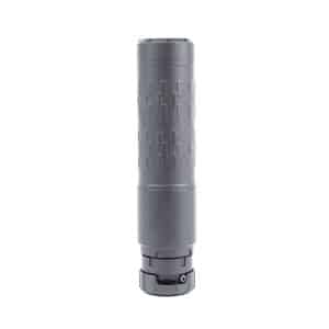 Cylindrical firearm suppressor (silencer) with knurled grip and muzzle attachment at the base