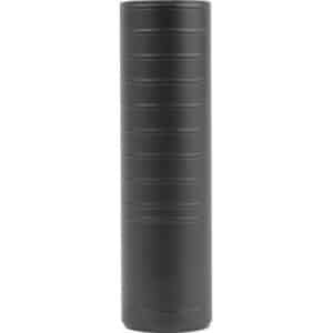 Tall black cylindrical object with evenly spaced horizontal ridges along its length.