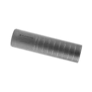 Cylindrical firearm suppressor (silencer) with grooved body and faint engraving reading SilencerCo on the side.