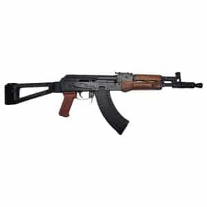 AK-style assault rifle with wooden handguard and grip on a white background
