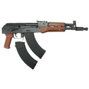 AK-47 style assault rifle with wooden stock and foregrip, and two curved magazines displayed below