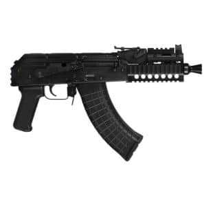 Black assault rifle with a curved magazine and rail-equipped handguard, shown from the side.