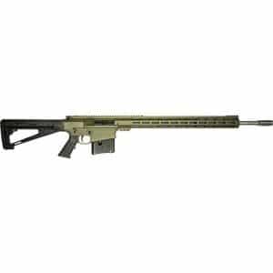 Tan-and-black semi-automatic rifle with adjustable stock and long rail handguard, shown in profile to the right