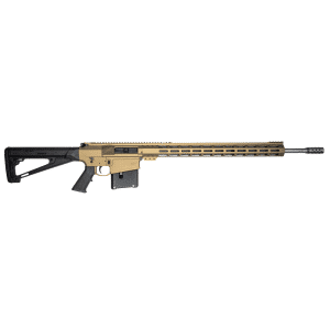 AR-style rifle with tan receiver and long vented handguard, black stock and grip, extended barrel