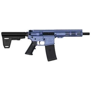 Blue semi-automatic rifle with adjustable stock, pistol grip, and detachable magazine viewed from the side (firearm)