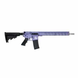 Purple and black semi-automatic rifle with adjustable stock, pistol grip, and long rail-style barrel on a white background.