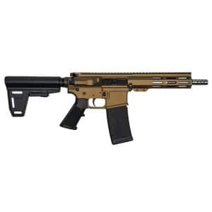 Tan AR-style semi-automatic rifle with collapsible stock and black pistol grip, featuring a long free-floating handguard and a detachable magazine