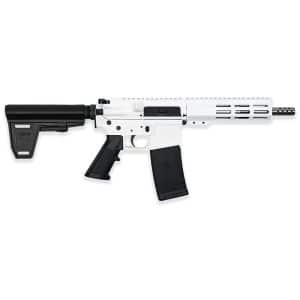 White and black semi-automatic rifle with an adjustable stock and long handguard in a horizontal pose.