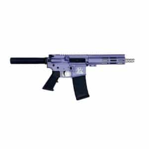 Purple AR-style rifle with black magazine and muzzle device on white background.