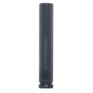 Black cylindrical firearm suppressor standing upright on a white background.