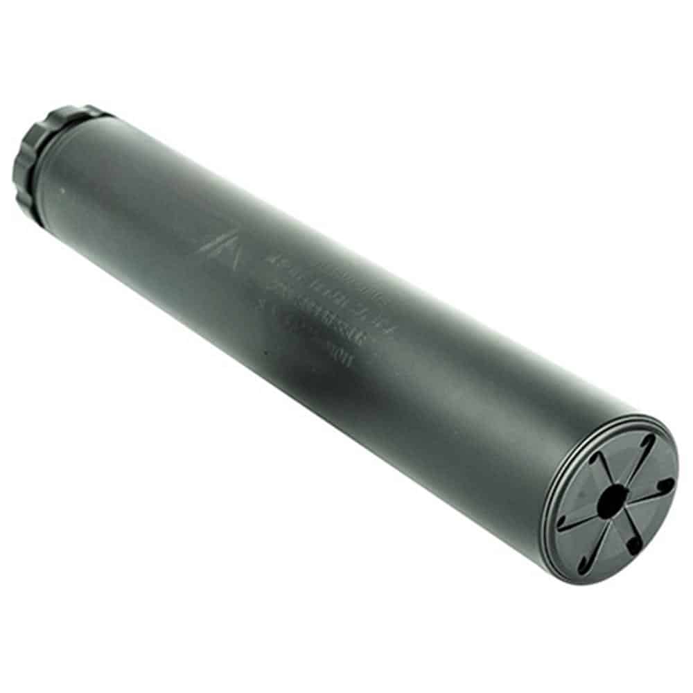 Gray cylindrical rifle suppressor (silencer) with threaded end cap on a white background, angled diagonally to the left.