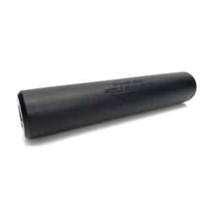 Black cylindrical 22LR suppressor with engraved brand text (Sylvan Arms, Myrtle Beach, USA).