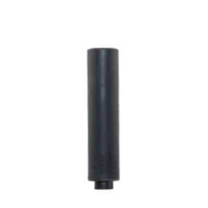 Close-up of a black muzzle brake on a rifle barrel with the Sylvan Arms logo and model text visible on the device.