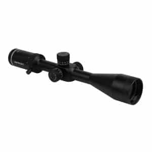 Black riflescope with large objective lens and multiple adjustment dials for elevation and windage (RITON).