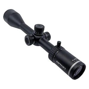Black rifle scope with adjustment dials and a magnification ring.