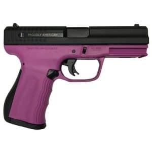 Pink semi-automatic handgun with a black slide, shown against a white background (pink grip and frame).
