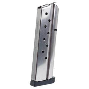 Metal semi-automatic pistol magazine with round-count holes and a black baseplate.