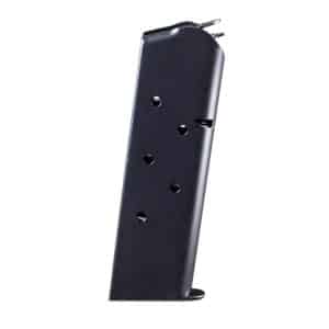 Black metal pistol magazine with witness holes, photographed against a white background