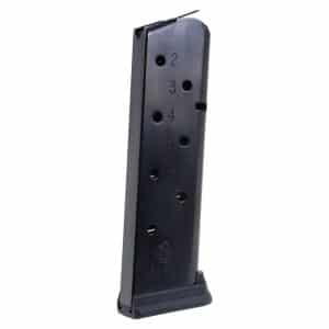 Metal pistol magazine with numbered hole indicators (2–6) and a ribbed baseplate, standing upright; holds ammunition for a semi-automatic handgun.