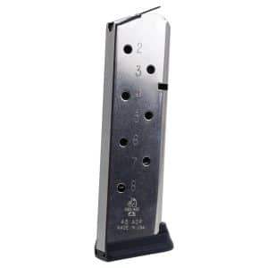 Metal handgun magazine with numbered witness holes 2 through 8 and a black base plate.