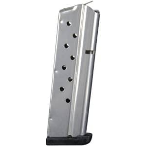 Silver metal pistol magazine with multiple circular witness holes and a black base, shown upright against a white background.