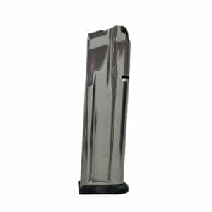 Metal pistol magazine standing upright on a black base plate