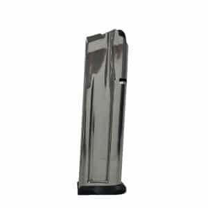 Metal pistol magazine standing upright on a black base, stainless steel finish.