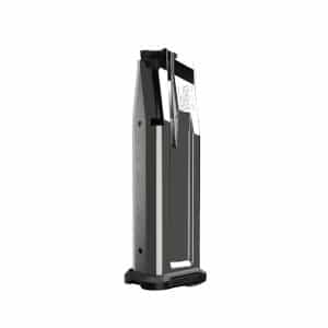 Side view of a silver pistol magazine with a black base plate standing upright.