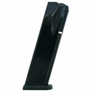 Black handgun magazine standing upright on a white background.