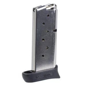 Detachable metal handgun magazine with a black plastic baseplate, shown upright and ready to load