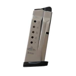 Metal 9 mm pistol magazine with hole-count indicators (numbers 3 to 7) and baseplate showing 9 mm marking—informational image of the magazine.