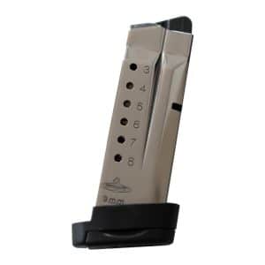Metal handgun magazine with numbered round-count holes (3–8) and a black baseplate, shown at an angle.