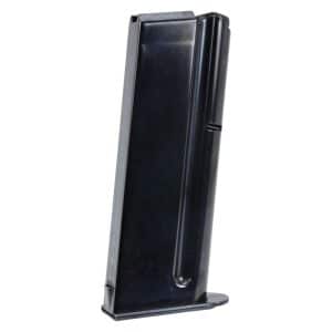 Black metal handgun magazine standing upright on a white background.