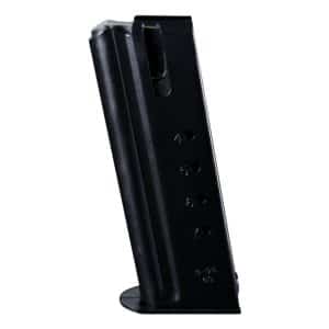 Black semi-automatic pistol magazine with round-count holes along the side, standing upright on a baseplate.