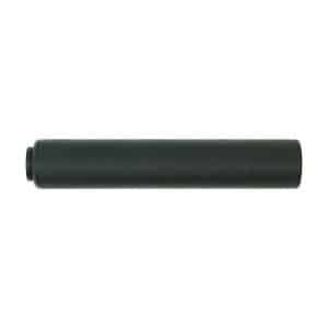 Long matte black cylindrical suppressor lying horizontally on a white background, likely a firearm muzzle device.