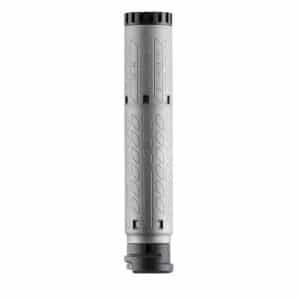 Silver cylindrical metal device with a textured diamond grip and black end caps.