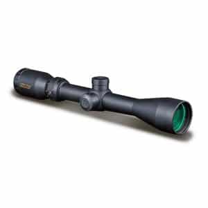 Black rifle scope with adjustable turrets and green-coated objective lens, designed for precision aiming