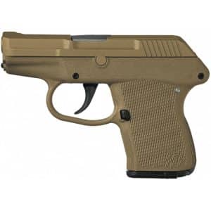 Side view of a tan semi-automatic pistol with a textured grip and Trigger guard