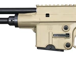 Tan-colored compact assault rifle shown in profile with a long black barrel and textured grip.