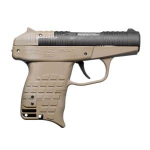 Desert-tan semi-automatic pistol shown in side view with textured grip and black slide rail cap (gun model label visible).