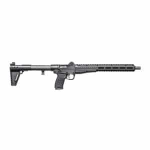 Modern sporting rifle shown in side profile with adjustable stock, pistol grip, and long handguard with a top rail for optics.