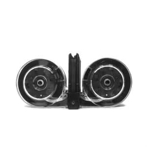 Dual circular reels connected by a central mounting, forming a symmetric gauge-like device.