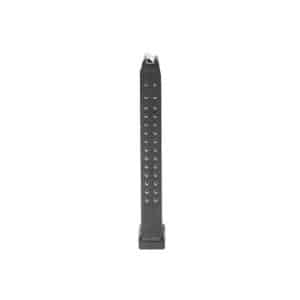 Black handgun magazine standing upright on a white background, showing multiple witness holes along its length